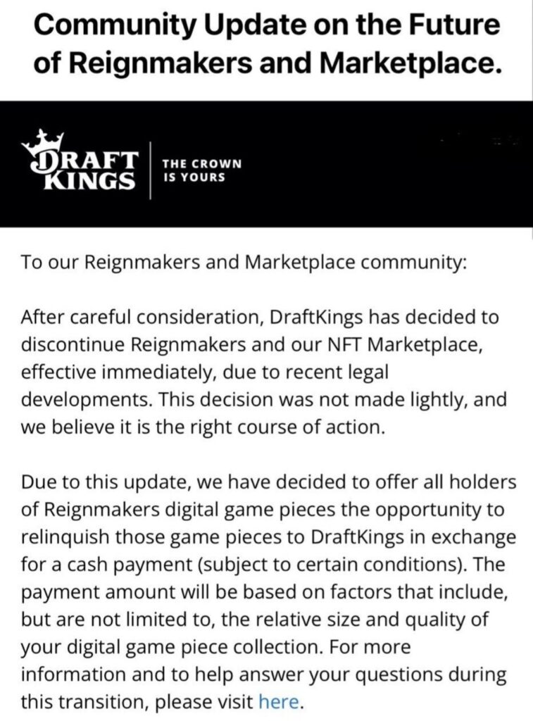 DraftKings NFT marketplace shutdown announcement