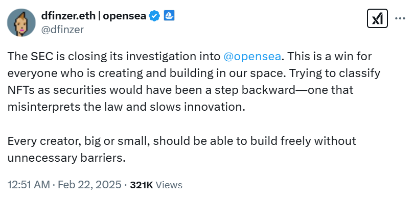 opensea ceo devin finzer x post sec dropping investigation against opensea